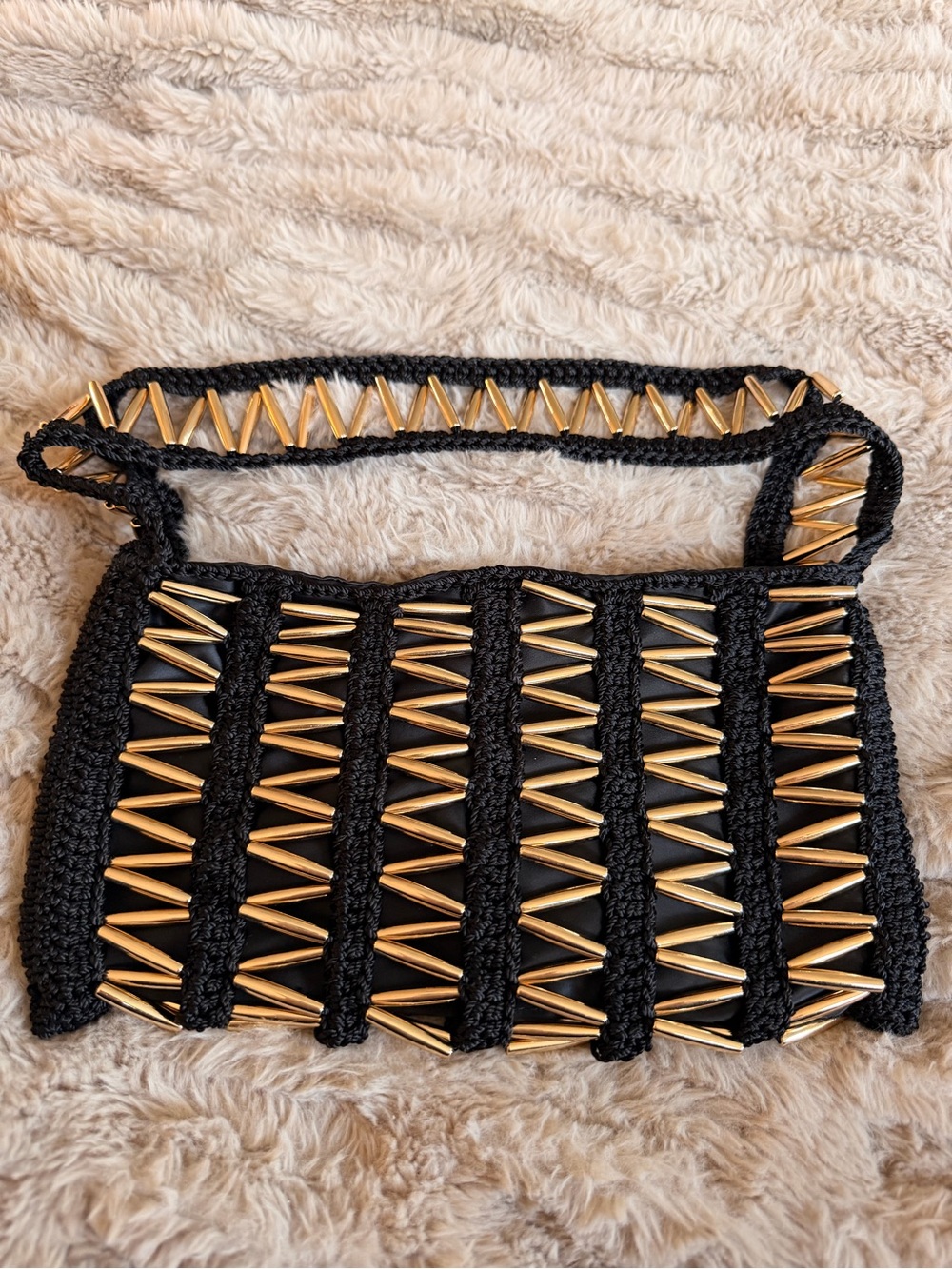 ZARA Black & Gold Crochet Metal Detail Shoulder Bag